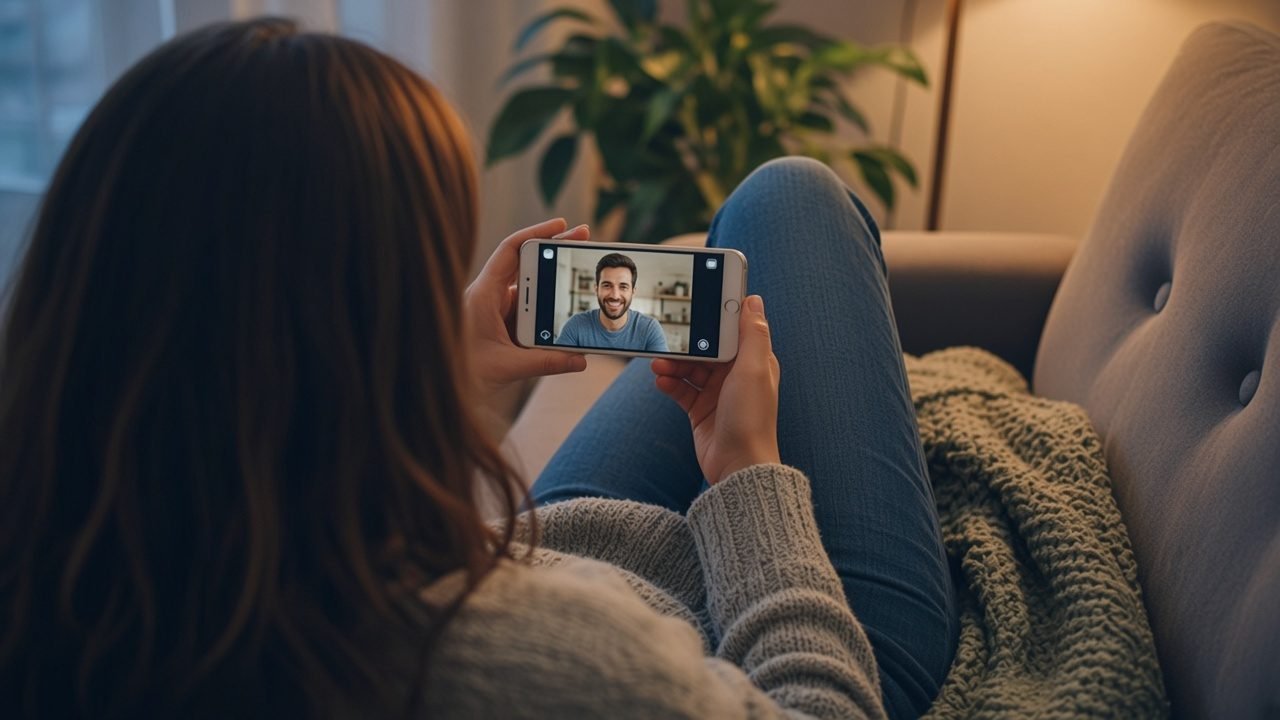 Frau liegt abends auf dem Sofa und führt ein kurzes Deutsch-Übungsgespräch per Video auf dem Smartphone